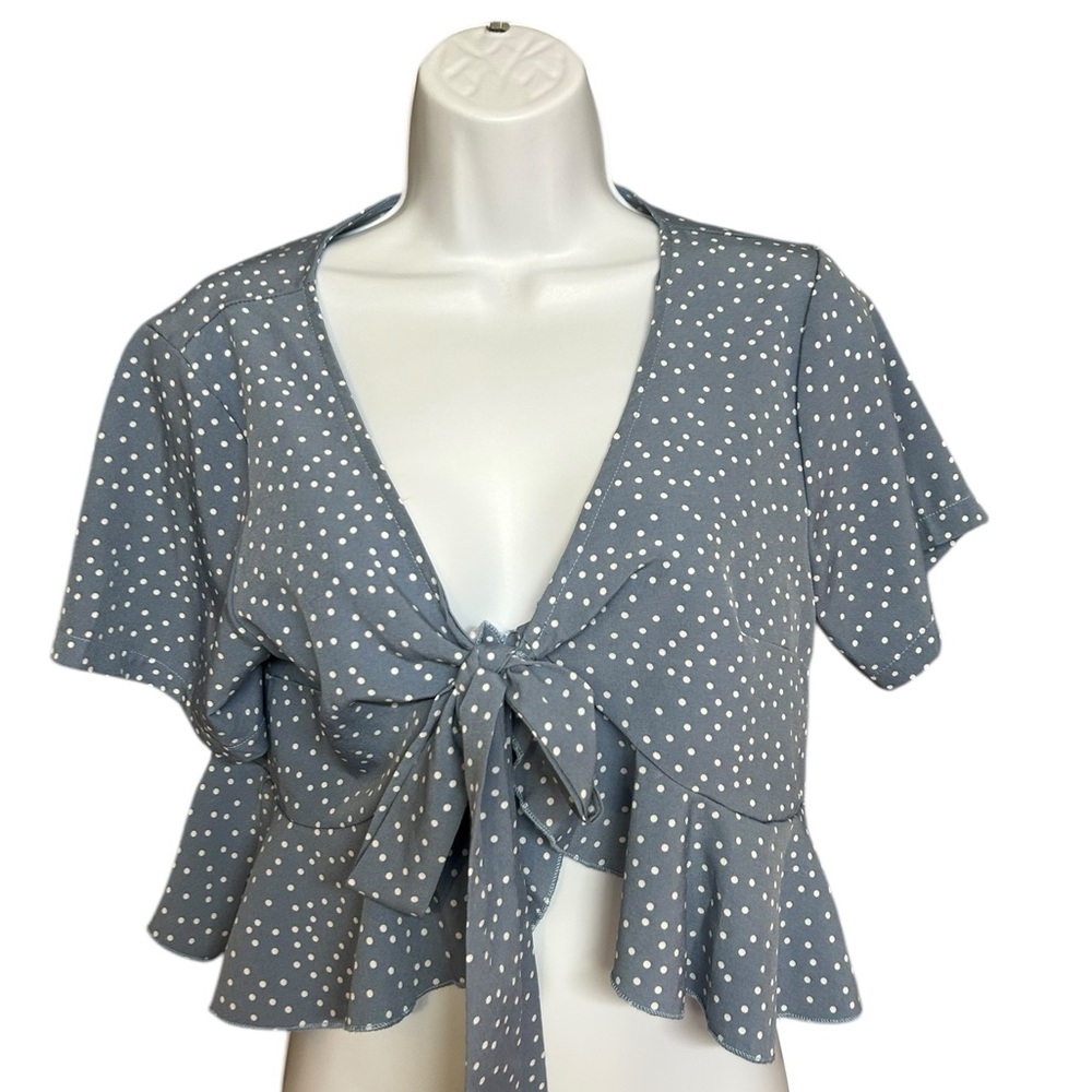 Shein Blue White Polka Dot Tie Front Peplum Soft Feminine  Crop Top Size